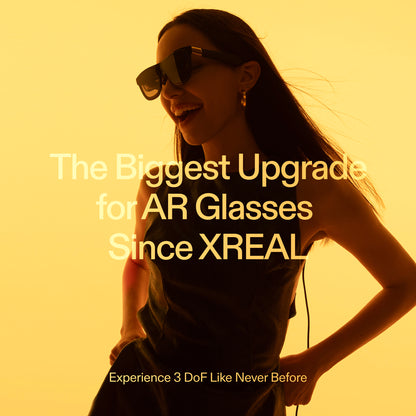 Woman wearing XREAL One AR glasses in silhouette, promoting "The Biggest Upgrade for AR Glasses Since XREAL" with 3DoF experience