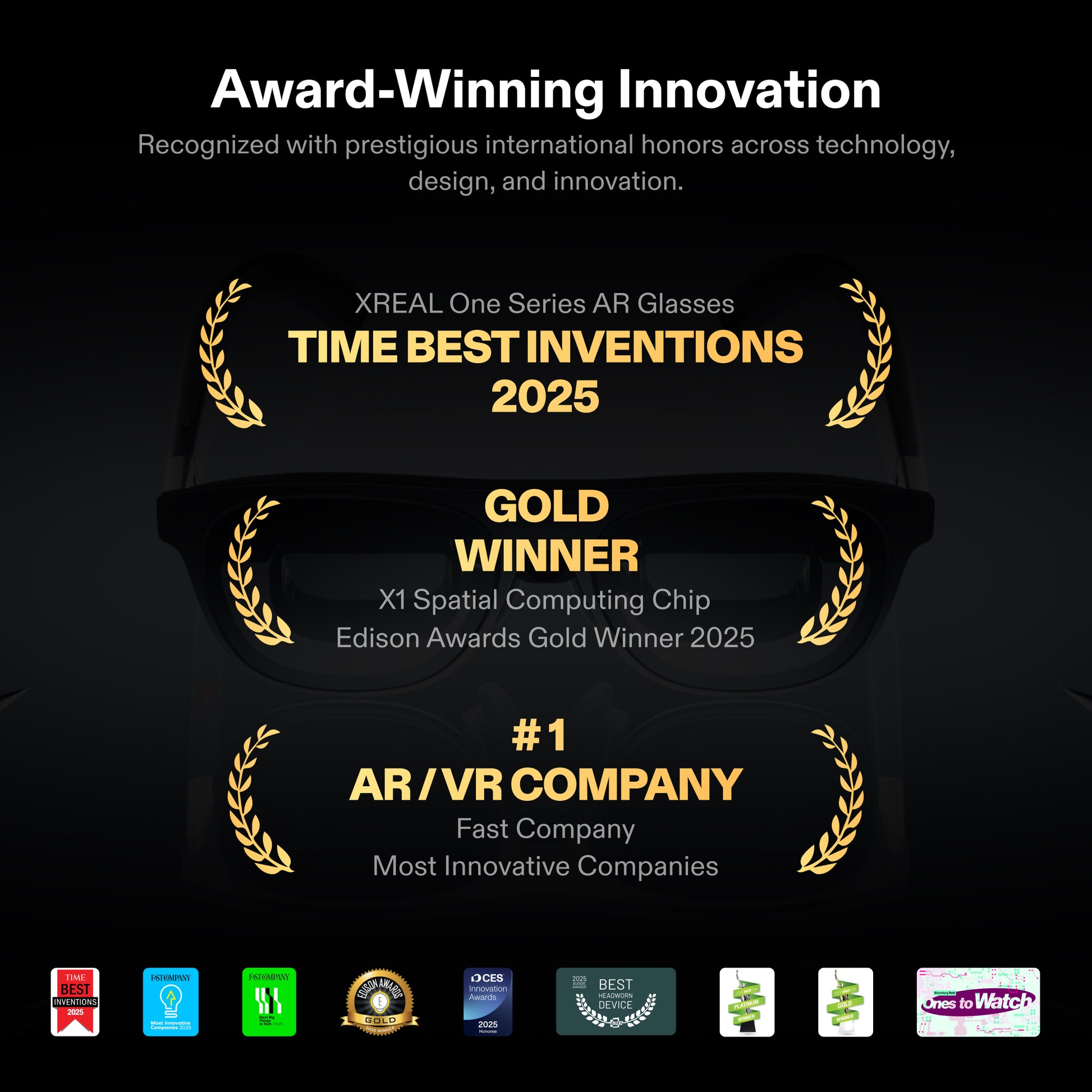 XREAL One Series AR glasses award recognition including TIME Best Inventions 2025, Edison Awards Gold Winner, and Fast Company #1 AR/VR Company
