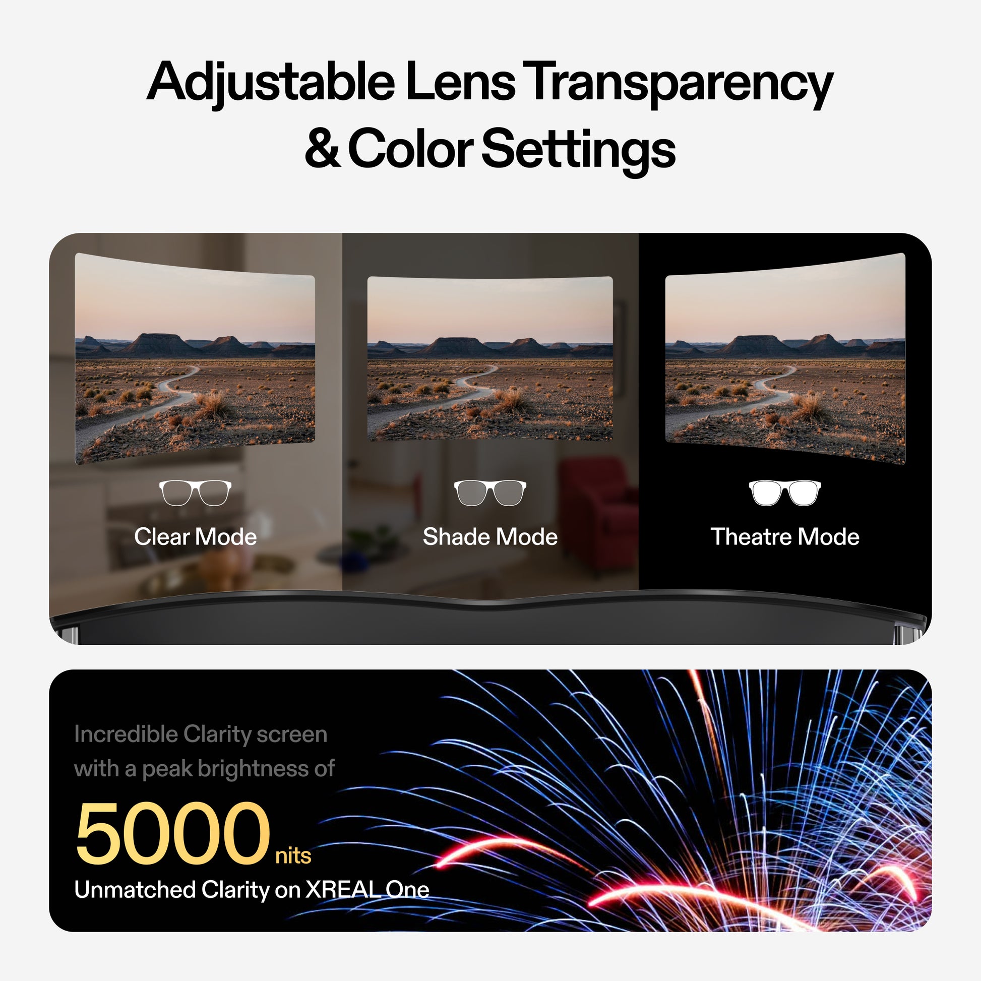 XREAL One AR glasses lens transparency comparison across Clear, Shade, and Theatre modes, with 5000 nits peak brightness display