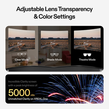 XREAL One AR glasses lens transparency comparison across Clear, Shade, and Theatre modes, with 5000 nits peak brightness display