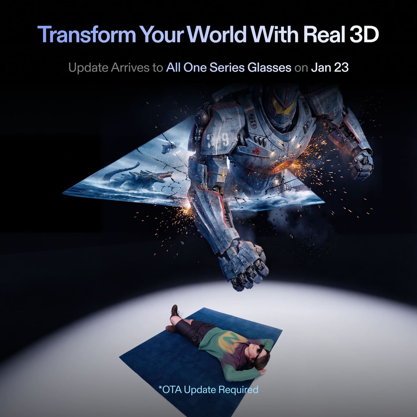 XREAL One AR glasses OTA update banner "Transform Your World With Real 3D," arriving to all One Series glasses
