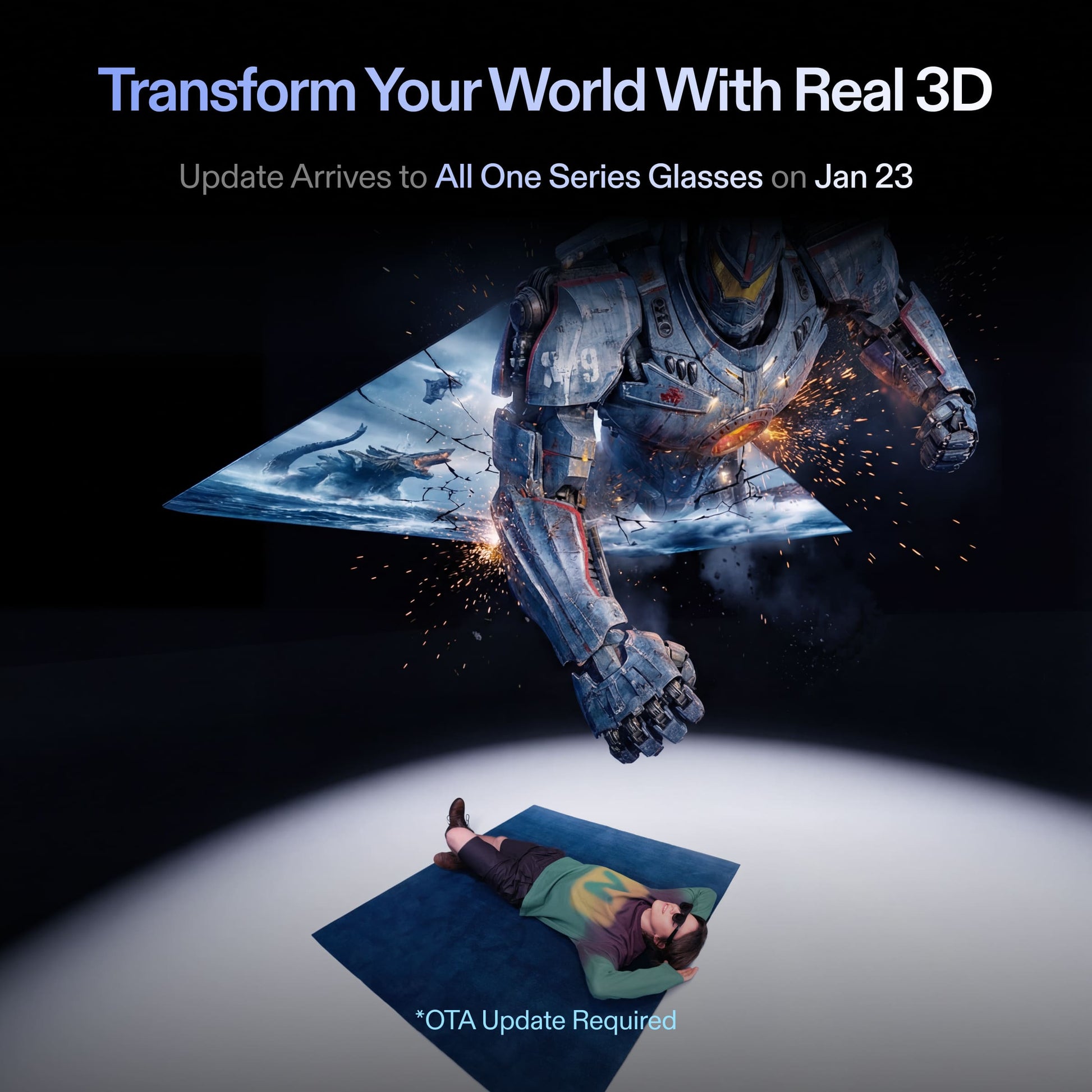 XREAL One AR glasses OTA update banner "Transform Your World With Real 3D," arriving to all One Series glasses