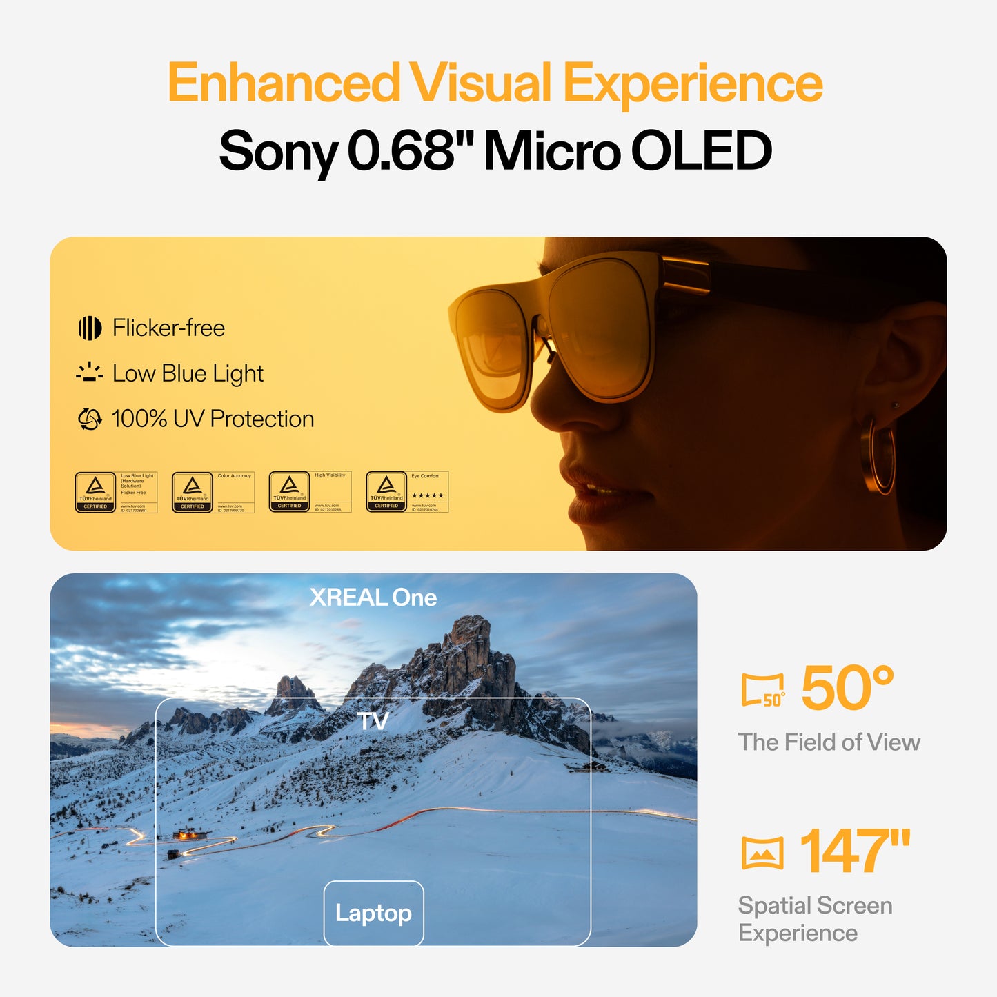 XREAL One AR glasses with Sony 0.68" Micro OLED display, flicker-free and 100% UV protection, showing 50° field of view and 147" spatial screen size