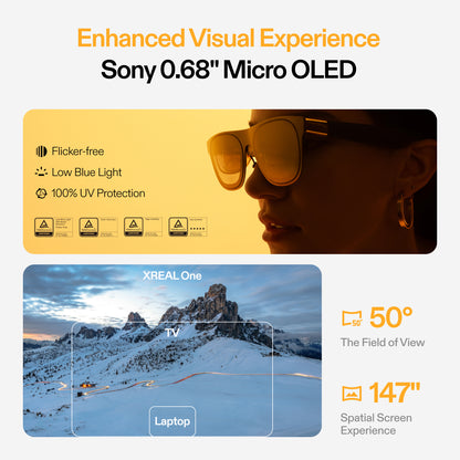 XREAL One AR glasses with Sony 0.68" Micro OLED display, flicker-free and 100% UV protection, showing 50° field of view and 147" spatial screen size