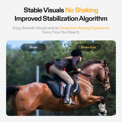 Side-by-side comparison showing shaky versus stabilized footage of a horseback riding scene, demonstrating XREAL One's improved image stabilization algorithm