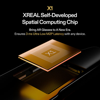 XREAL X1 self-developed spatial computing chip with 3ms ultra-low M2P latency, shown installed inside AR glasses frame