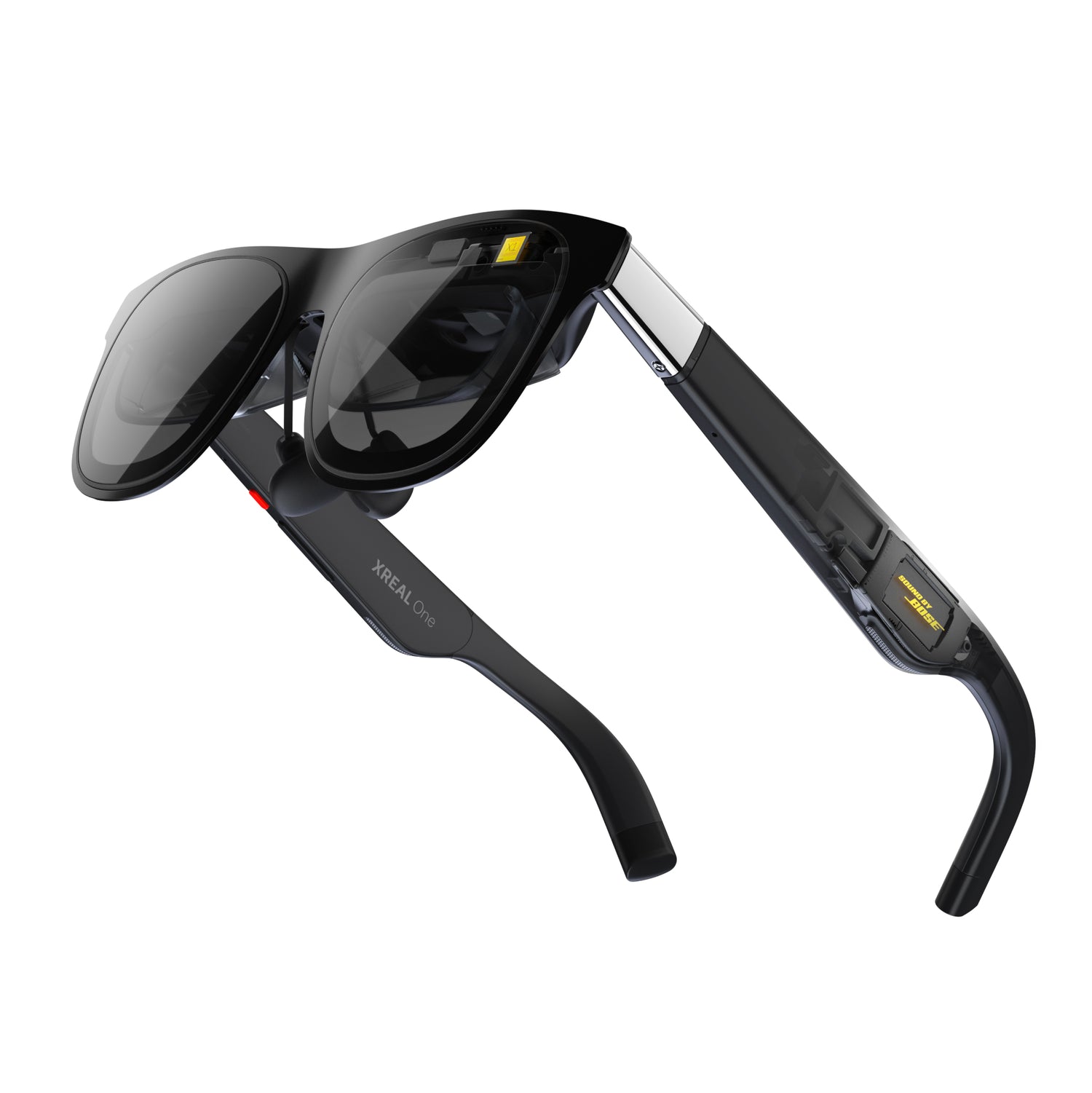 XREAL One AR glasses front view on white background, showing folded temple arms and Bose audio module