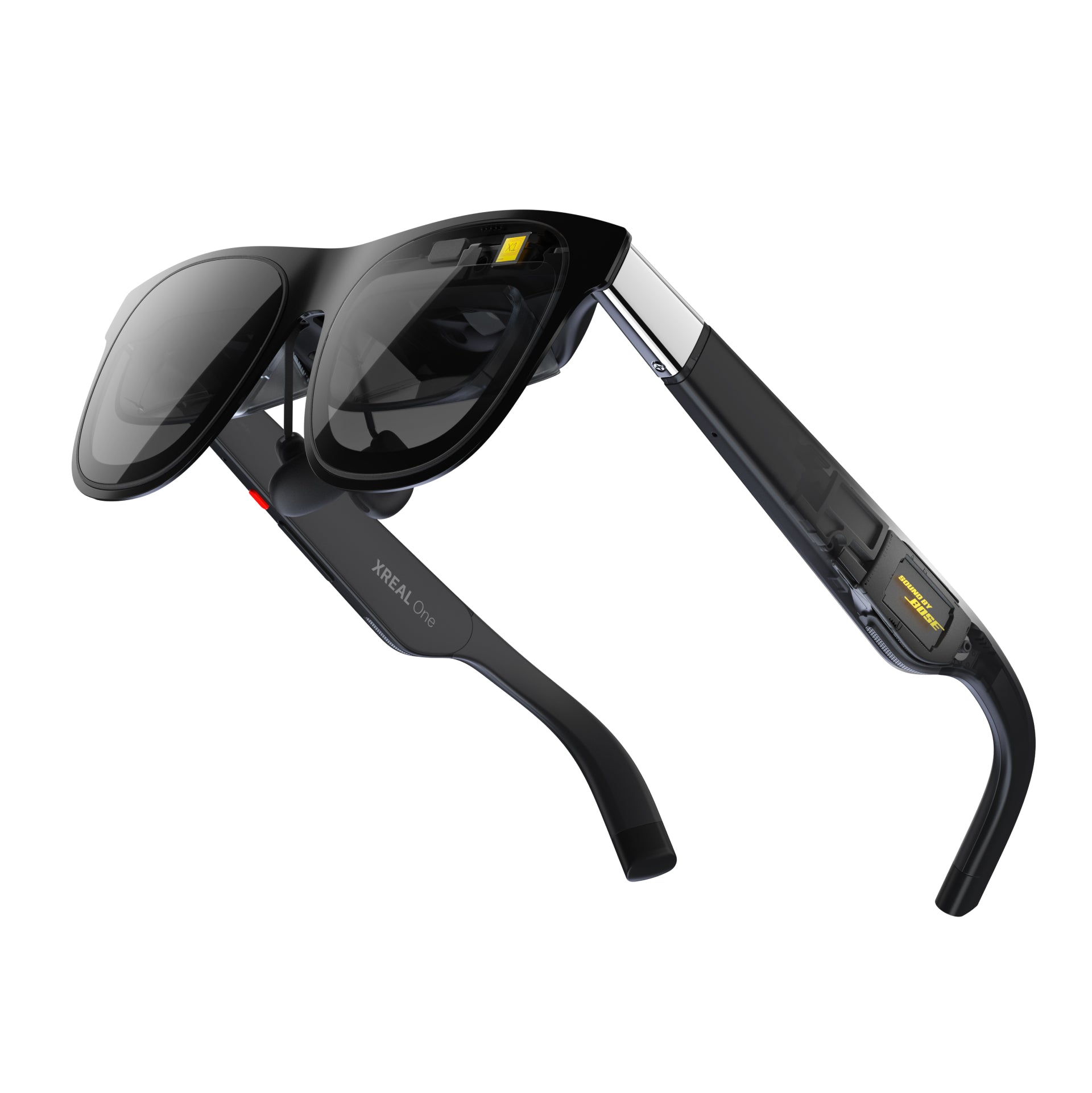 XREAL One AR glasses front view on white background, showing folded temple arms and Bose audio module