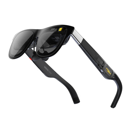 XREAL One AR glasses front view on white background, showing folded temple arms and Bose audio module